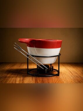 Red and White Ceramic Fondue Set with Stand and Forks